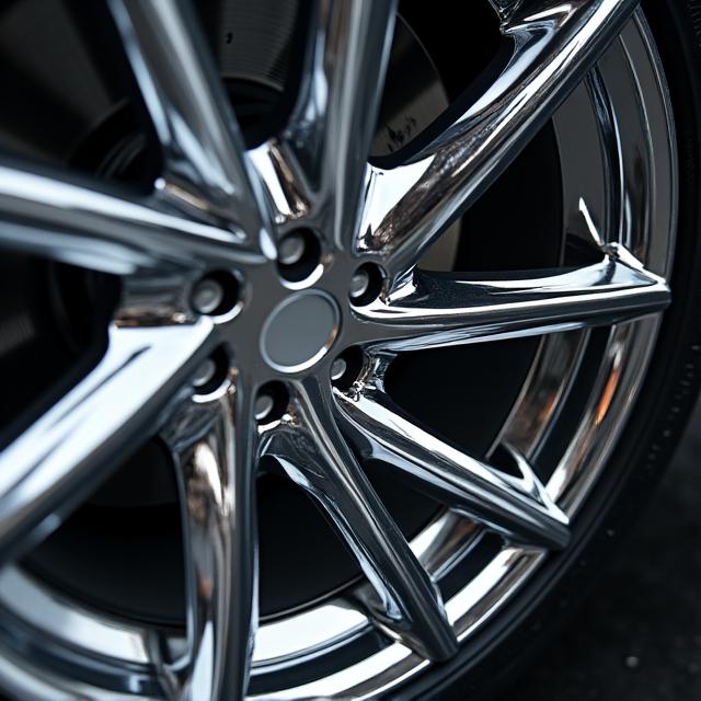 A close-up of a perfectly polished chrome wheel, free of any imperfections.